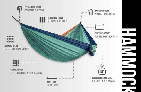 Two Person Camping Hammock, Super Easy Setup And Take Down, 10 Ft Long By 6 Ft Wide Outdoor Hangout Lounger, Durable And Comfy For Camping