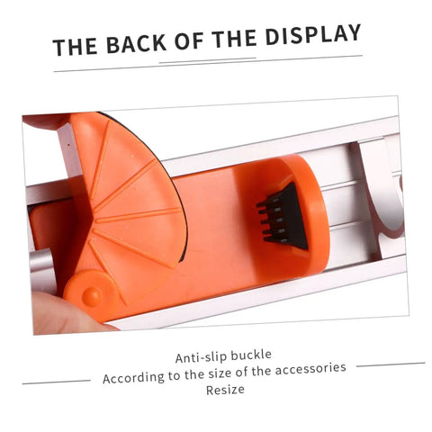 Back view of Wall Mounted Broom Holder With Heavy Duty Aluminum Hooks And Sturdy Abs Mounts For Garage Gear Storage with anti-slip buckle.