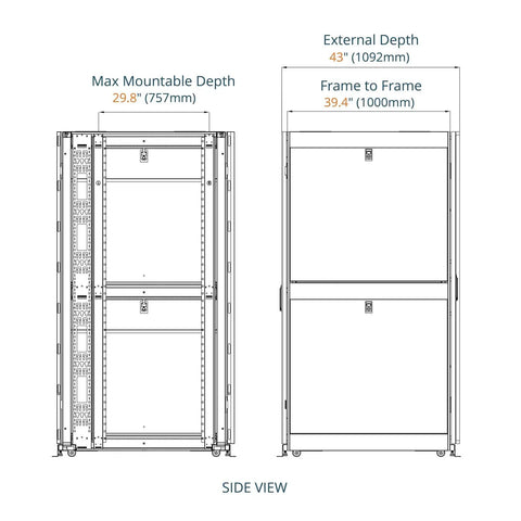 Rock Solid 52U Server Rack Cabinet Pre Assembled Network Setup Ready To Roll With Free Swivel Casters And No Sweat Assembly Heavy Duty gear dimensions side view
