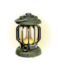 Led Camping Lantern With Rechargeable Battery And Retro Metal Construction, showing candlelight mode, green finish, and metal handle.