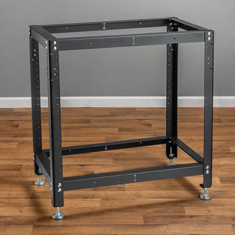 Beefy Drill Press Table And Miter Saw Stand Kit with heavy gauge steel frame, predrilled holes on wood flooring.