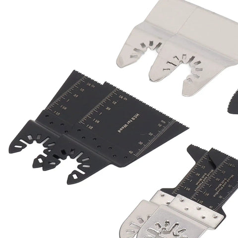 18 Piece Oscillating Multitool Blade Set With Universal Fit For Most Brands, showing black and silver blades with measurement markings
