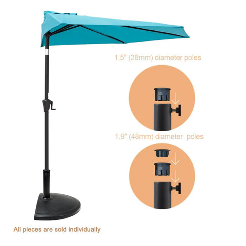 33 Lb Half Round Heavy Duty Base Stand Weight For Outdoor Patio Market Umbrella In Black, Durable Resin Concrete Composite, Adjustable Spacers For 1.5 And 1.9 Inch Poles, Easy Tightening Knob Keeps Your Outdoor Shade Steady with diameter examples.