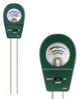 3-In-1 Soil Moisture Meter pH And Fertility Tester for indoor and outdoor plants with two metallic probes, green unit close-up