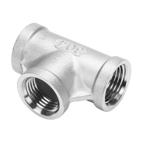 Stainless Steel One Half Inch NPT Female Three Way Tee Connector SUS304 Cast Pipe Fitting, shown from side view