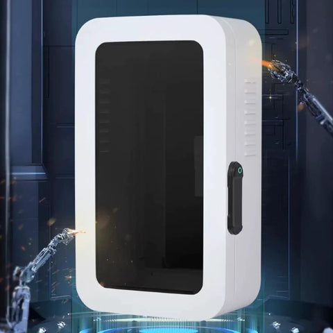 Rock Solid Wall Mounted Charger Cover With Tamper Proof Lock And Integrated Cable Holder For Indoor Outdoor Installations Rugged Steel Box front view with tempered glass panel.