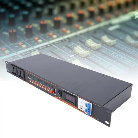 Ten Outlet Power Sequencer Conditioner With Independent Controls And Clear Digital Voltage Display For Touring Stages Amplifiers And Home Listening Rooms Us Plug, rack-mounted with digital display.