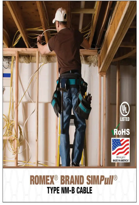 Electrician installing SimPull Solid Indoor 14/2 NM-B Cable With Ground, 50 Ft Coil, in a residential dry location