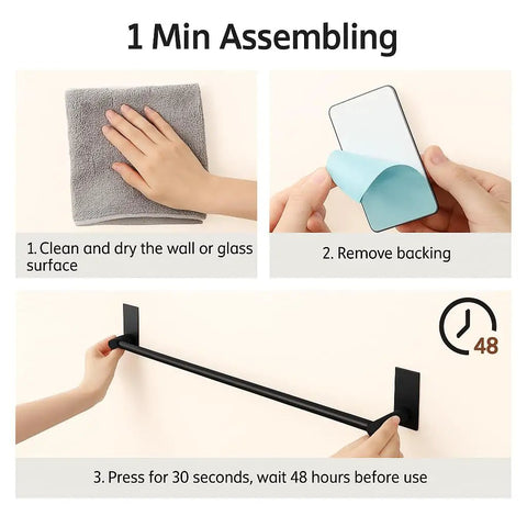 Steps to install 32 Inch Self Adhesive Towel Bar For Bathroom No Drill Wall Mounted Rustproof SUS304 Stainless Steel Matte Black