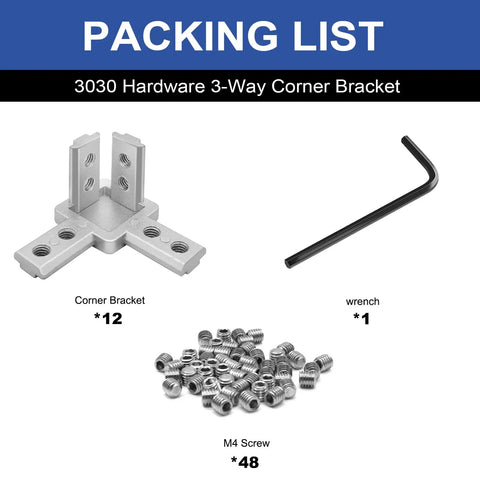 Packing list for 12 Piece 3030 3 Way Corner Brackets For Aluminum Extrusion showing corner bracket, screws, and wrench.