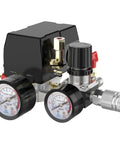 Air Compressor Pressure Switch With Four Port Regulator Gauge 90-120 Psi Cut In Cut Out Easy To Install One Quarter Inch NPT Thread Beefy Durable Quick Connect Valve For DIY Projects And Pro Shops