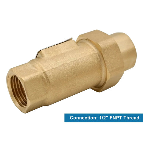 Brass dual check valve, 1/2 inch FNPT threads, solid brass body, side view