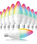 Ten Alexa Compatible E12 Smart Light Bulbs S1 Auto Pairing multicolor dimmable candelabra bulbs arranged in group.