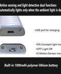 Under Cabinet LED Lights With Motion Sensor And USB Rechargeable Magnet Light Bar, USB port and on-off switch detail.
