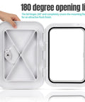 Rugged Abs Marine Deck Access Hatch 14 Inch Rectangle Boat Lid showing 180 degree opening and rubber gasket seal.