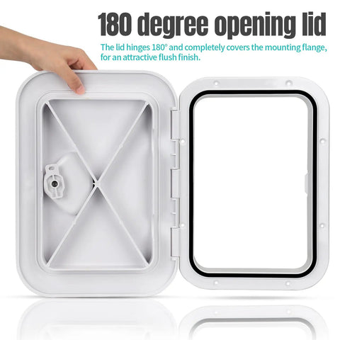Rugged Abs Marine Deck Access Hatch 14 Inch Rectangle Boat Lid showing 180 degree opening and rubber gasket seal.