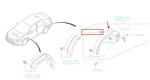 Exploded view of Subaru fender, rocker, garnish and pillar trim retainers with sealer (10 pcs).