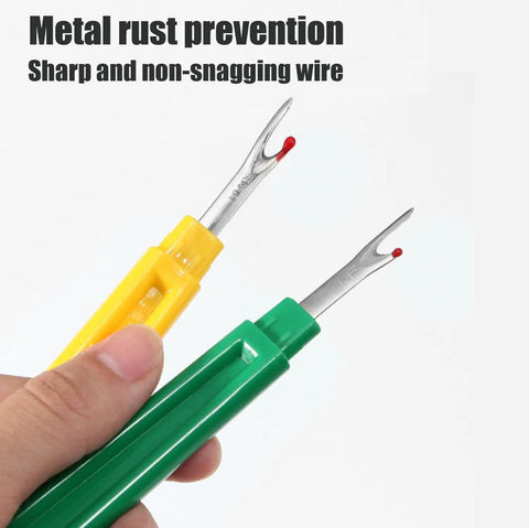 Close-up of metal seam ripper tools from Complete 10 Piece Handy Sewing Seam Ripper Set With 4 Small Unpickers, 4 Large Unpickers