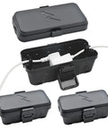 Three Pack Weatherproof Outdoor Electrical Junction Box For Cables And Holiday Lights Inner Space 5.5x3x2.2 Inches Two Cable Ports Rubber Gaskets Clamps Snap Latches Black Rugged Protective Housing, open with cord