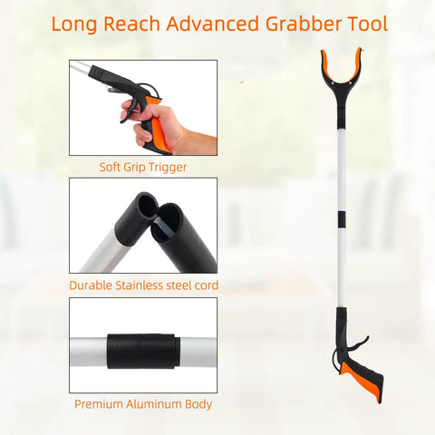 Two Pack 32 Inch Foldable Lightweight Grabber Reacher Tool For Elderly With 360 Degree Rotating Head And Wide Jaw For Trash Pickup And Easy Reach Orange