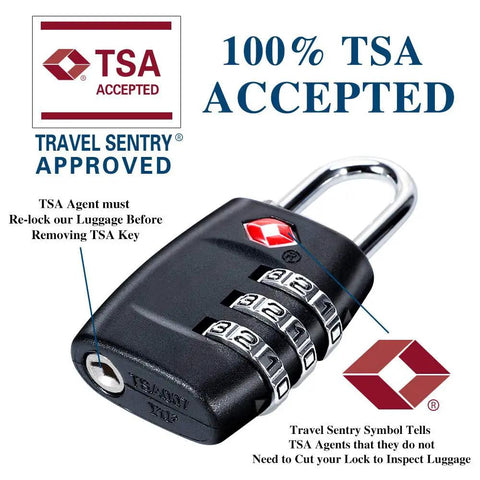 4 Pack 3 Digit Combination Luggage Locks TSA Approved For Travel On The Go Durable Padlocks, close-up with TSA symbol