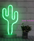Cactus Neon Night Light With Pedestal LED Sign for Kids Room and Bedroom Decor, glowing green, base included, on a table