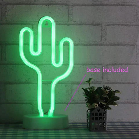 Cactus Neon Night Light With Pedestal LED Sign for Kids Room and Bedroom Decor, glowing green, base included, on a table
