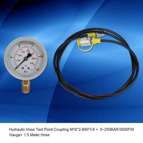 Pro Grade Hydraulic Hose Pressure Test Kit With Gauge, M16 To Quarter Inch BSP, 250 Bar And 3600 PSI, 1.5m Hose