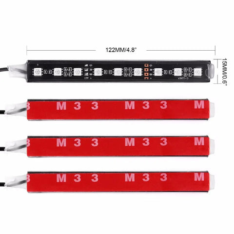 Under Dash Car LED Strip Light Kit 4 Pack 48 LEDs Waterproof Interior Neon Accent Strip For Cars DC 12V Pink Mood Lighting Easy To Install Hides Under Dash For Cozy Cabin Glow, showing four LED bars with dimensions.