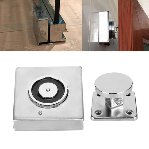 Heavy Duty Electromagnetic Floor Mount Fire Door Holder With Serious Magnetic Pull DC24V Security Access Compatible No Mess Setup, showing zinc alloy base and magnet.