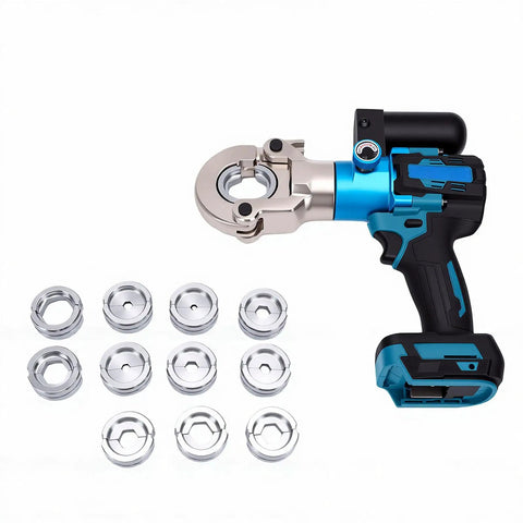LiebeWH 18V Cordless Electric Hydraulic crimper with 12 dies, ergonomic handle, designed for quick cable lug and hex press work.