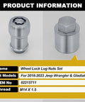Heavy Duty Wheel Locking Lug Nut Kit For Auto Techs And Adventure Buffs M14x1.5 Anti-Theft Security Bolt Set With Easy Install Design To Keep Your Wheels Locked Tight And Safe On Any Trail Or Highway Drive. M14 x 1.5 metal wheel lock lug nuts set for Jeep Wrangler and Gladiator