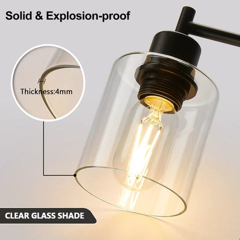 Close-up of clear glass shade on Pair Of Slick Smart Touch Table Lamps With USB C And USB A Ports and AC outlet, industrial look.