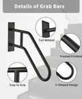 Heavy Duty Wrought Iron Handrails For Outdoor Steps And Indoor Stairs Built Like A Tank With Rustproof Frosted Black Finish Wall Mount Porch Deck Safety Grab Bars Got Your Back When Things Get Slippery, showcasing full welded, easy-to-grip, U-shaped design in frosted black.