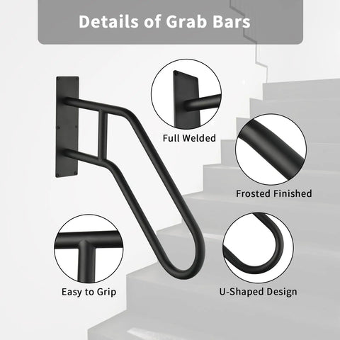 Heavy Duty Wrought Iron Handrails For Outdoor Steps And Indoor Stairs Built Like A Tank With Rustproof Frosted Black Finish Wall Mount Porch Deck Safety Grab Bars Got Your Back When Things Get Slippery, showcasing full welded, easy-to-grip, U-shaped design in frosted black.