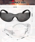 Badass Bulk Safety Glasses In A Massive 150 Pack Featuring Clear And Gray Lenses For Construction Lab Or Work Projects Lightweight Protective Eyewear showing dimensions.
