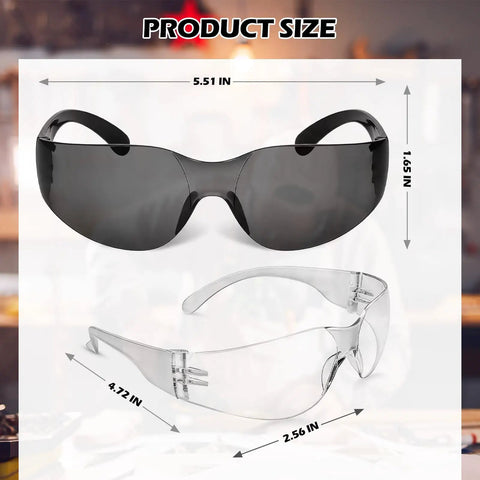 Badass Bulk Safety Glasses In A Massive 150 Pack Featuring Clear And Gray Lenses For Construction Lab Or Work Projects Lightweight Protective Eyewear showing dimensions.