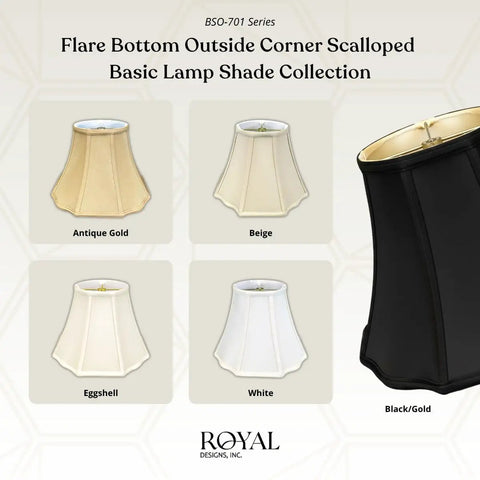 Flare Bottom Outside Corner Scalloped Lamp Shade in various colors including Eggshell with Hand-Tailored Silk-Type Shantung Fabric.