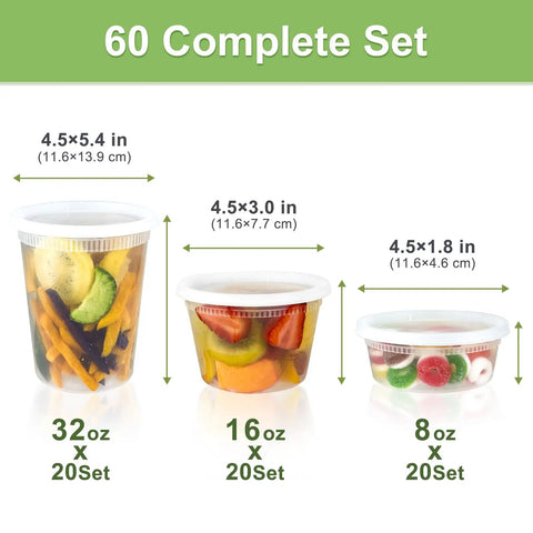 60 Complete Deli Container Sets With Lids, 32 16 8 Oz, 120 Pieces Total, Leak Proof BPA Free Airtight Takeout Storage For Soup And Meals