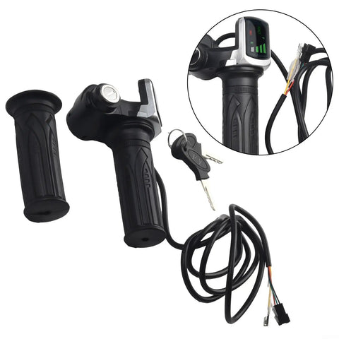 Ride-Ready E Bike Throttle With LED Display For 36V And 48V Systems, Electric Scooter Accelerator Grip With One-Button Start, Durable ABS Rubber Build, 160cm Cable, Compatible With Bicycle Tricycle. Black ABS rubber throttle grip with LED display and cable