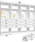 100 Inch White Freestanding Closet System With Smooth Glide Drawers And Full Length Mirrored Panel showcasing storage drawers and shelving.
