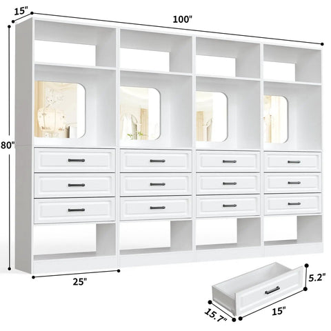 100 Inch White Freestanding Closet System With Smooth Glide Drawers And Full Length Mirrored Panel showcasing storage drawers and shelving.