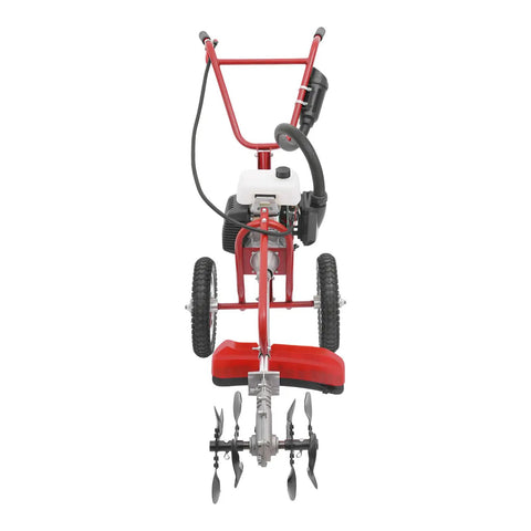 Front view of 63Cc 4Hp Gas Powered Tiller Cultivator with spiral blades for lawns and gardens