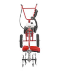 Front view of Gas Powered Tiller With Wheels 63cc 4 Stroke Cultivator 4HP Mini Rototiller showing blades and wheels for gardening.