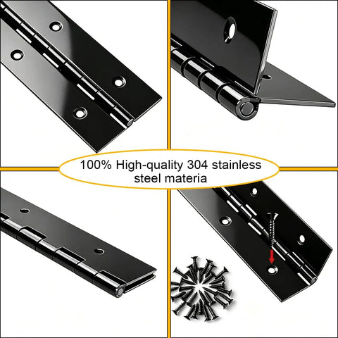 Heavy Duty 8 Inch Piano Hinge Continuous Hinges Rock Solid Hold Stainless Steel Black Finish For Wood Cabinets And Furniture Zero Sweat Setup Premium Hardware with close-up view of hinge and screws.