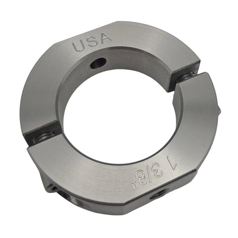 Heavy Duty Two Piece Shaft Collar With 1.375 Inch Bore And Tapped Holes For Straight Up Bracket Setup Rock Solid 303 Stainless Steel Collar