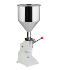 Manual Paste And Liquid Filler Machine A03, 5-50ml adjustable filler with 10L hopper, stainless steel build, side view.