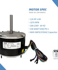 Heavy Duty 1/6 HP Condenser Fan Motor Replacement 1075 RPM 208-230V With 5 MFD Capacitor, shown with specs and wiring
