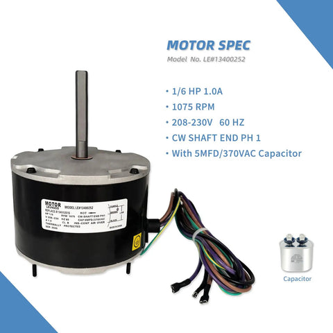 Heavy Duty 1/6 HP Condenser Fan Motor Replacement 1075 RPM 208-230V With 5 MFD Capacitor, shown with specs and wiring