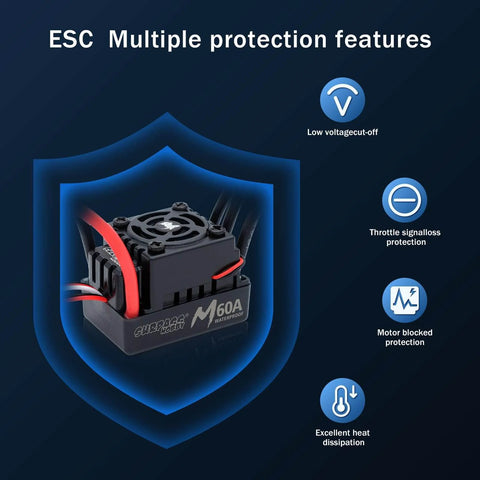 Beefy 1/10 RC Brushless Motor ESC Combo Waterproof 5700KV M3650 Brushless Motor With 60A ESC, shown with multiple protection features